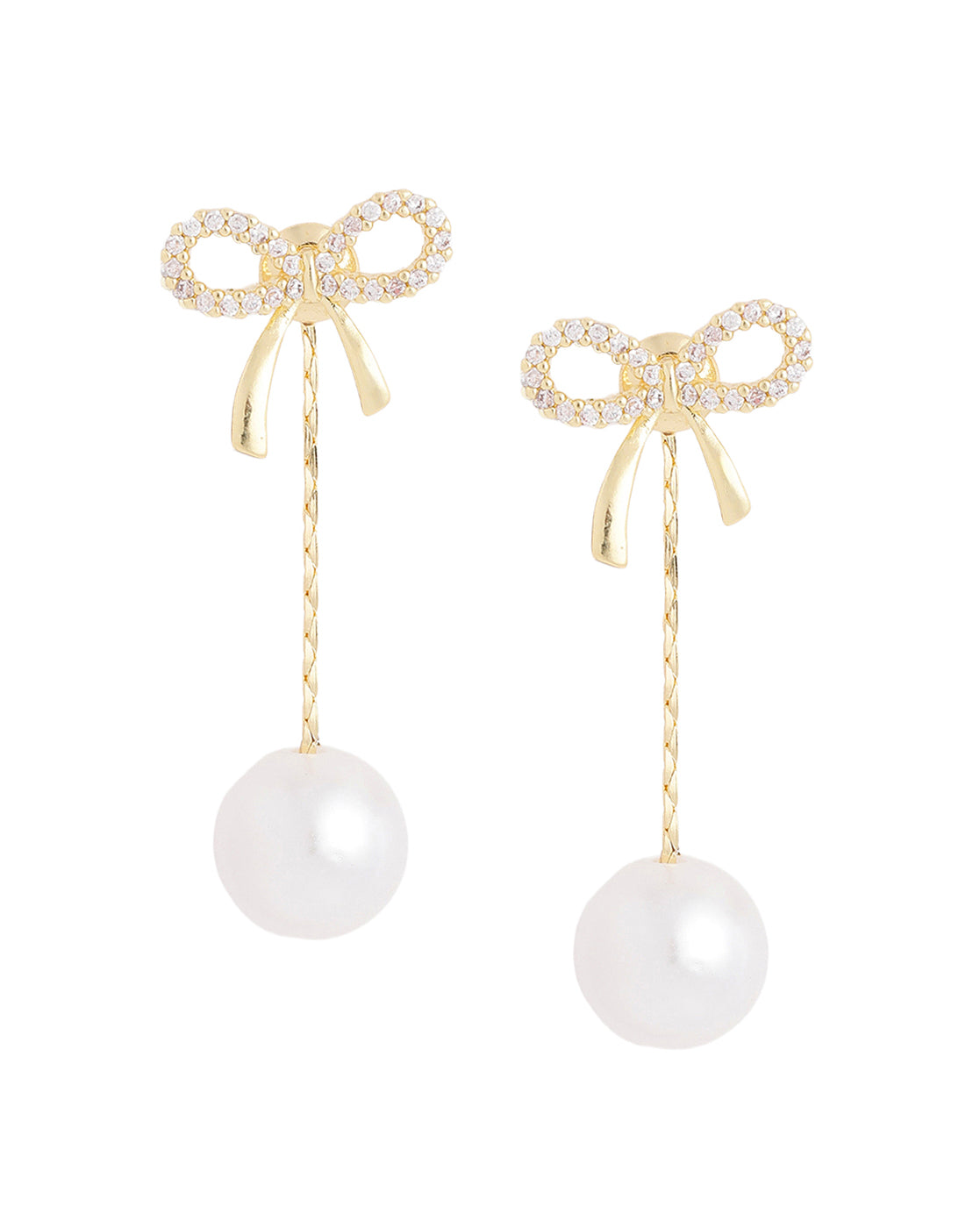 Gold Plated CZ Studded BOW with Pearl Front- Back Jacket Earring