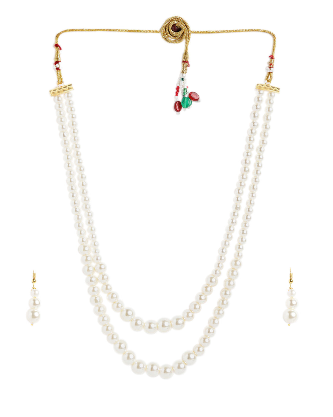 Gold Plated Double Strand Graduating Pearl Necklace with Earring Set