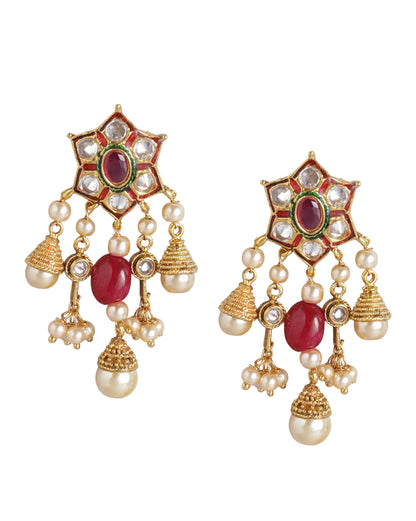 Gold Plated Kundan Traditional Chandelier Earrings with Pearl Drops