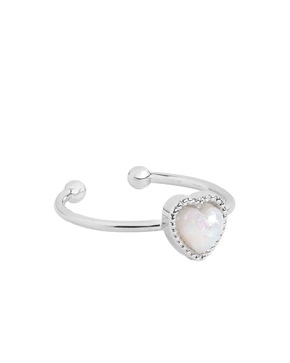 Silver Plated Classic Milky White Stone Adjustable Heart Ring