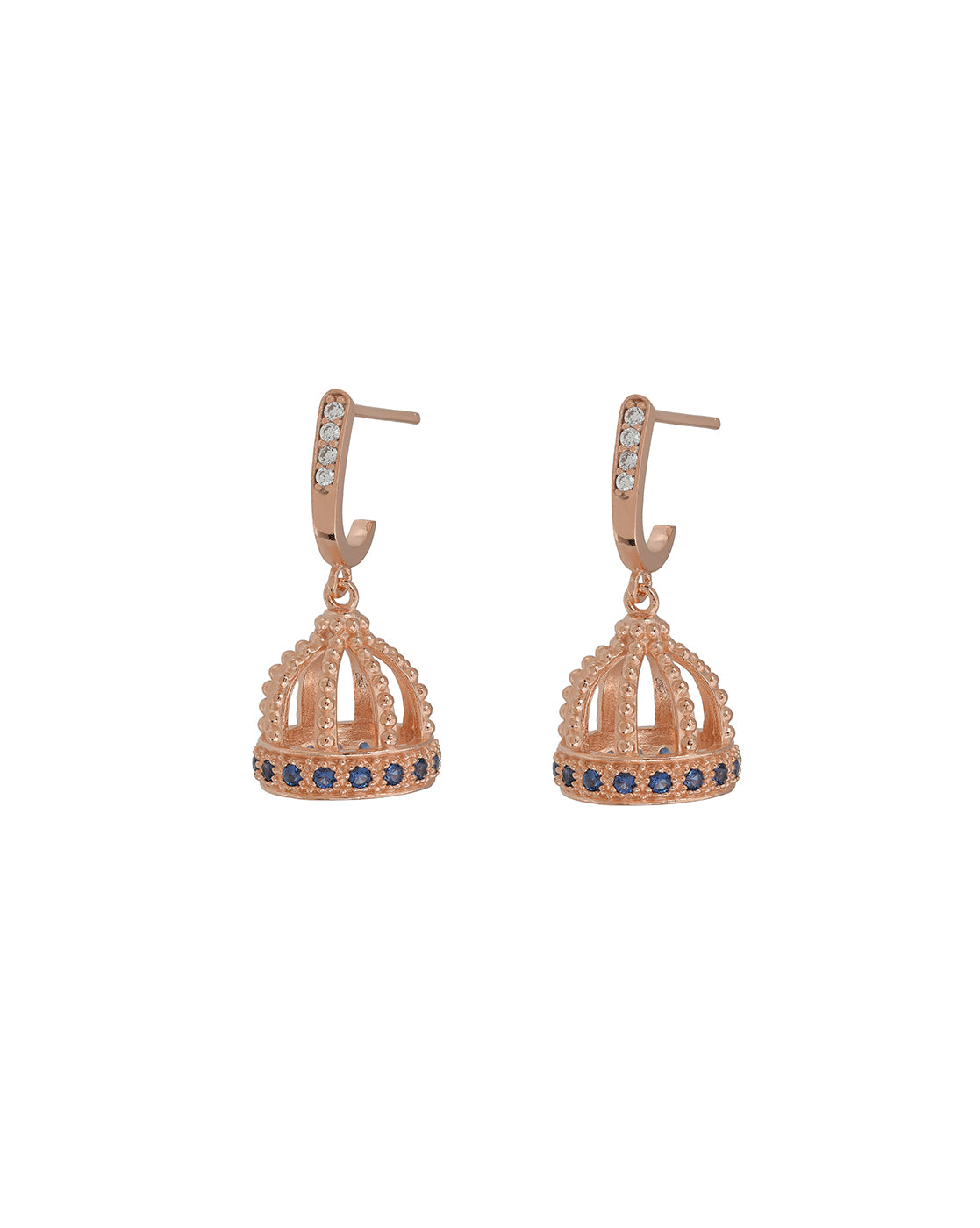 Premium 18kt Rose Gold Plated Delicate CZ &amp; Sapphire Blue Studded J-Hoop Jhumki Earring