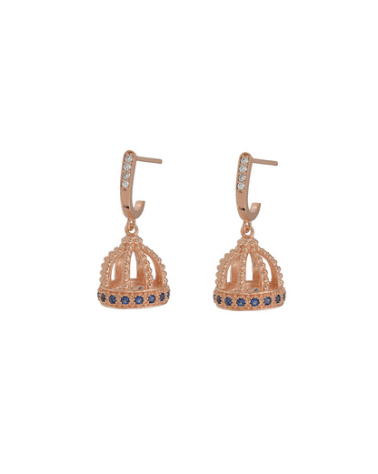 Premium 18kt Rose Gold Plated Delicate CZ &amp; Sapphire Blue Studded J-Hoop Jhumki Earring