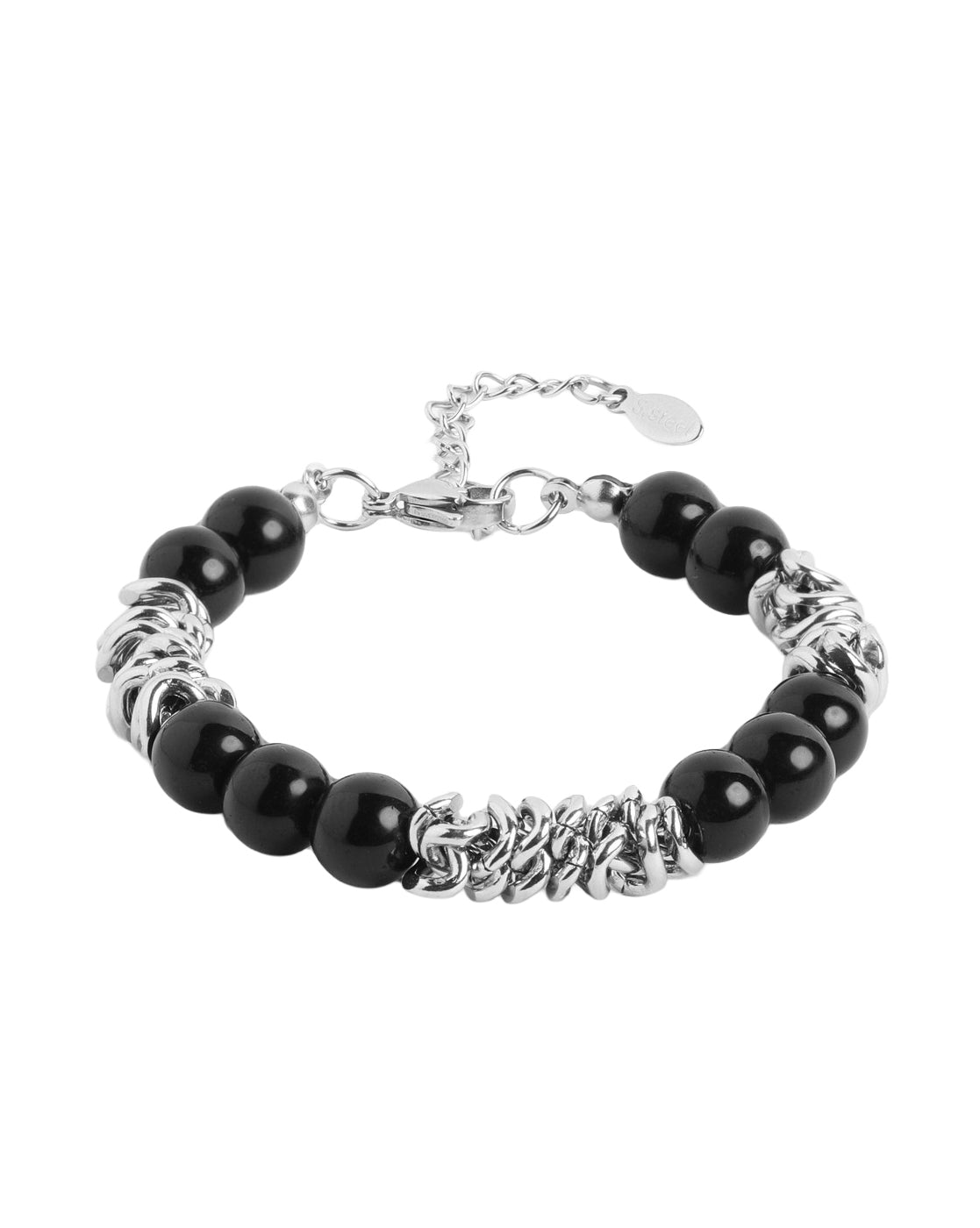 Men Silver Plate  Black Onyx  Bead  Adjustable Bracelet