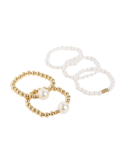Set of 5 Gold Toned Pearl and Bead Stretchable Bracelet Multipack Set