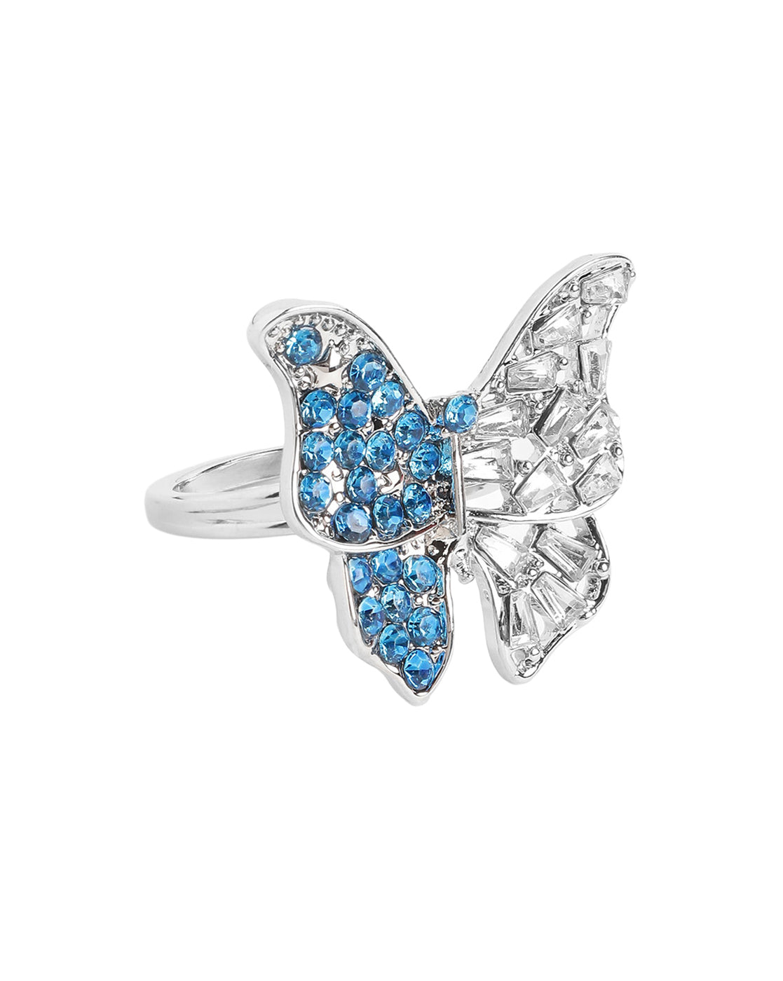 Silver-Plated Fancy Blue &amp; White CZ Butterfly Adjustable Ring