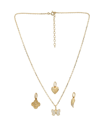 18kt Gold Plated CZ  4-Clover, Heart, Butterfly &amp; Leaf Interchangeable pendant with Chain Necklace