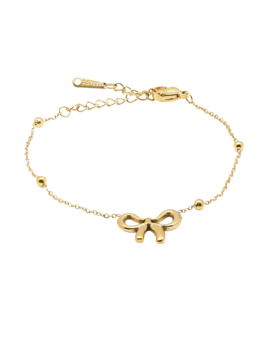 Gold Plated Bow or Ribbon Charm with Beaded Accent Adjustable Bracelet