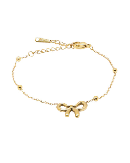 Gold Plated Bow or Ribbon Charm with Beaded Accent Adjustable Bracelet