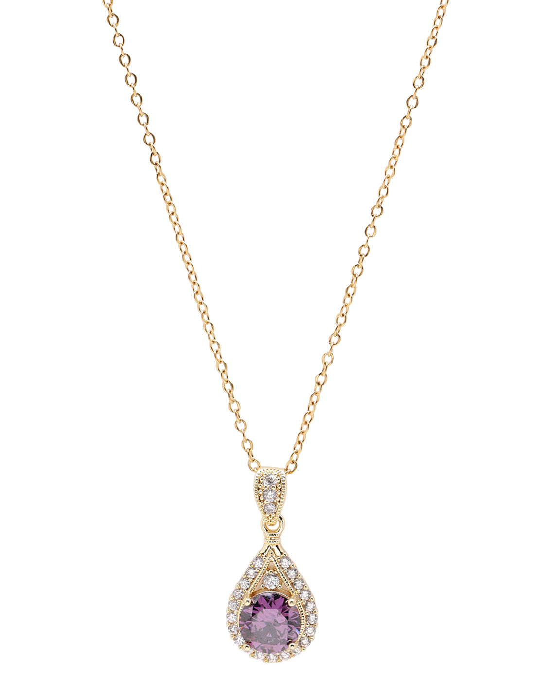Gold Plated Elegant Teardrop CZ Sparkle Halo Amethyst Purple Pendant and Chain