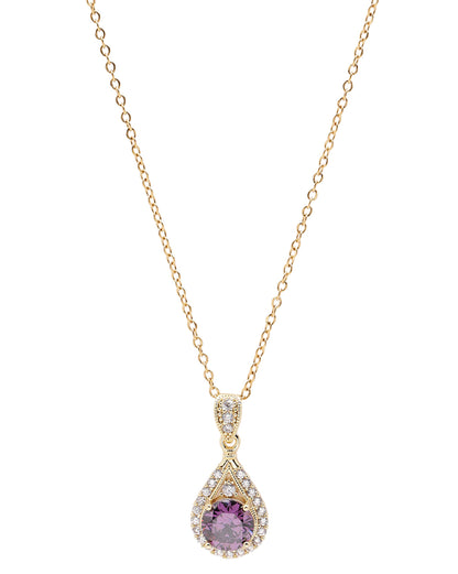 Gold Plated Elegant Teardrop CZ Sparkle Halo Amethyst Purple Pendant and Chain