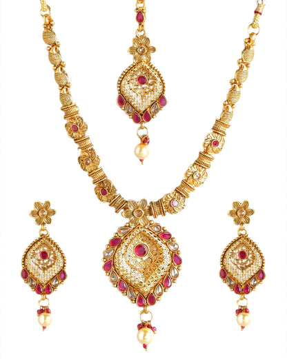 Gold Plated Festive CZ Filigree Necklace, Earring and Maang Tika Set
