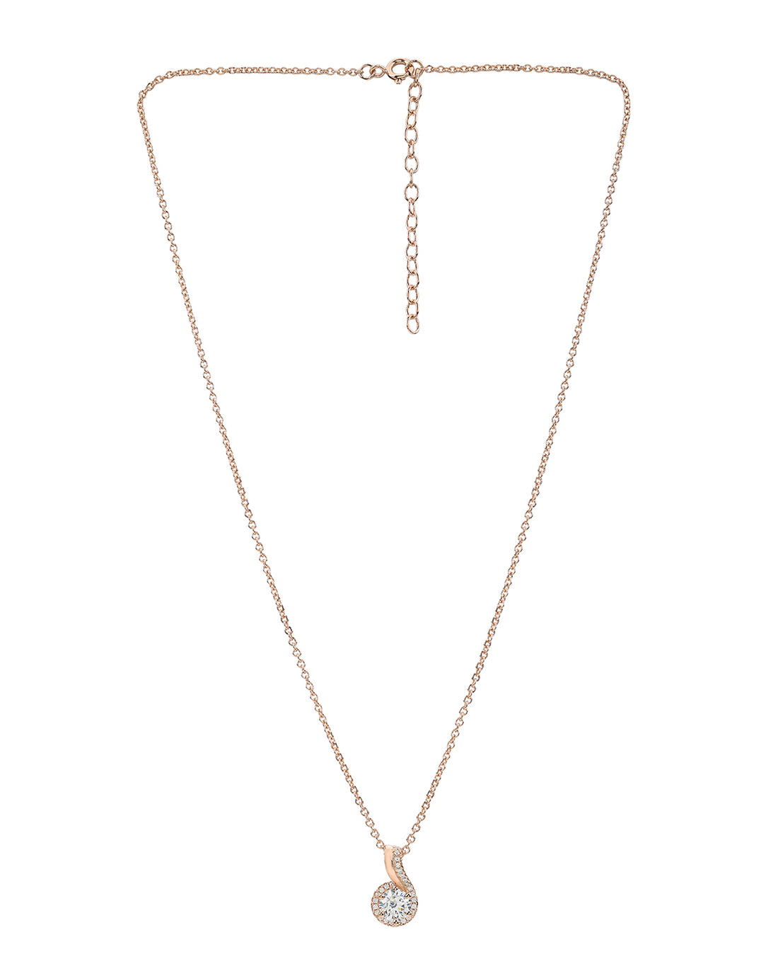 18KT Rose Gold Plated CZ Solitaire Swirl Pendant with Chain
