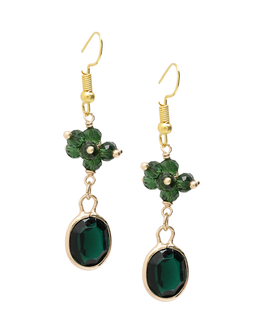 Gold Plated Green Crystal Studded Contemporary Oval Drop Earring