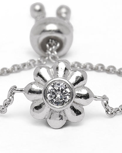Rhodium Plated CZ Floral Adjustable Chain Ring