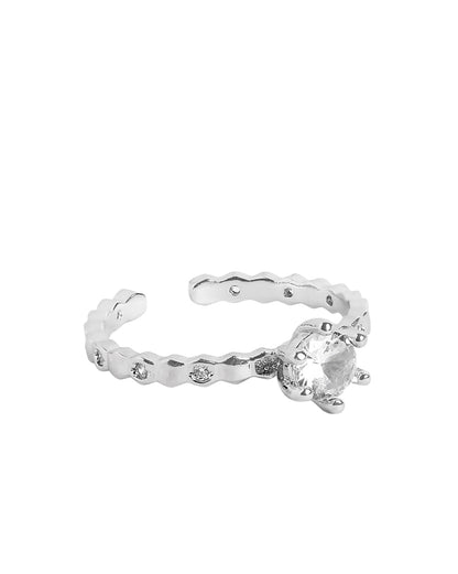 Silver Plated Stylish Round Solitaire &amp; CZ Studded Adjustable Ring