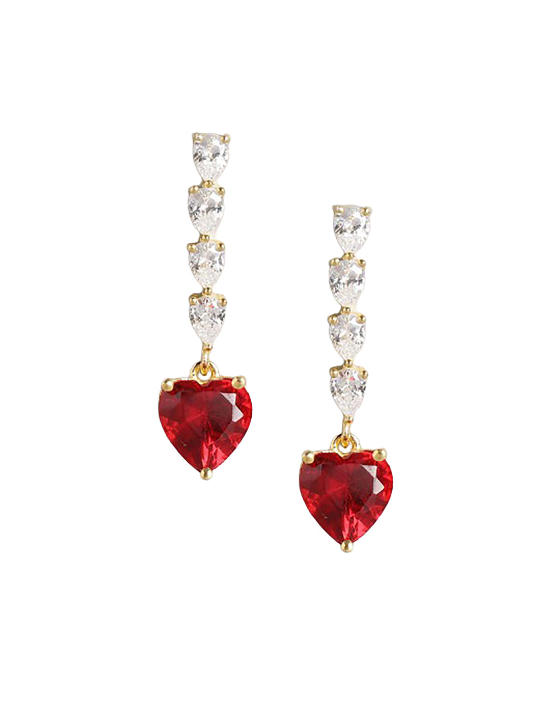 18KT Gold-Plated Modern Ruby Red CZ Heart &amp; Solitaire Drop Earrings