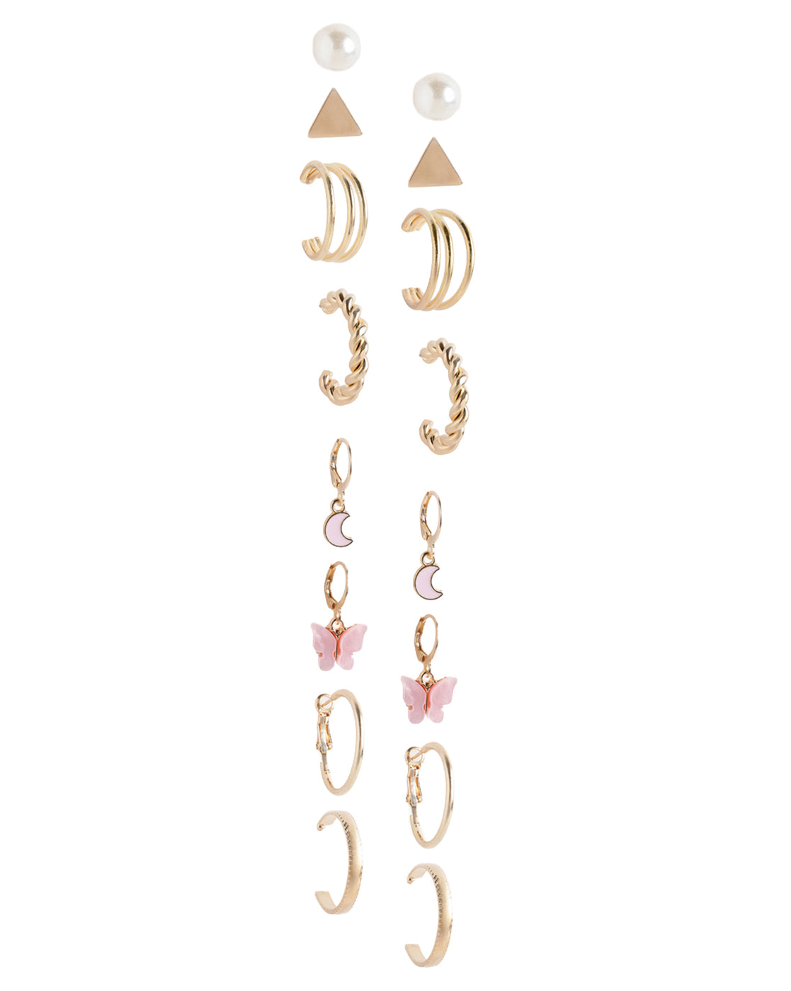 Set of 9 Gold Plated Pearl Butterfly-Crescent Moon Enamel Twisted Hoop and Stud Multipack Earring