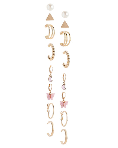 Set of 9 Gold Plated Pearl Butterfly-Crescent Moon Enamel Twisted Hoop and Stud Multipack Earring