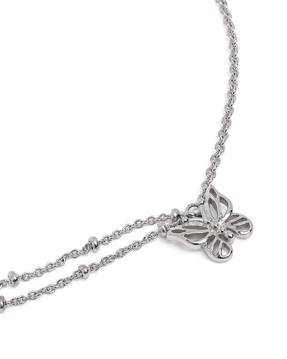 Rhodium Plated Double Chain Butterfly Charm Anklet