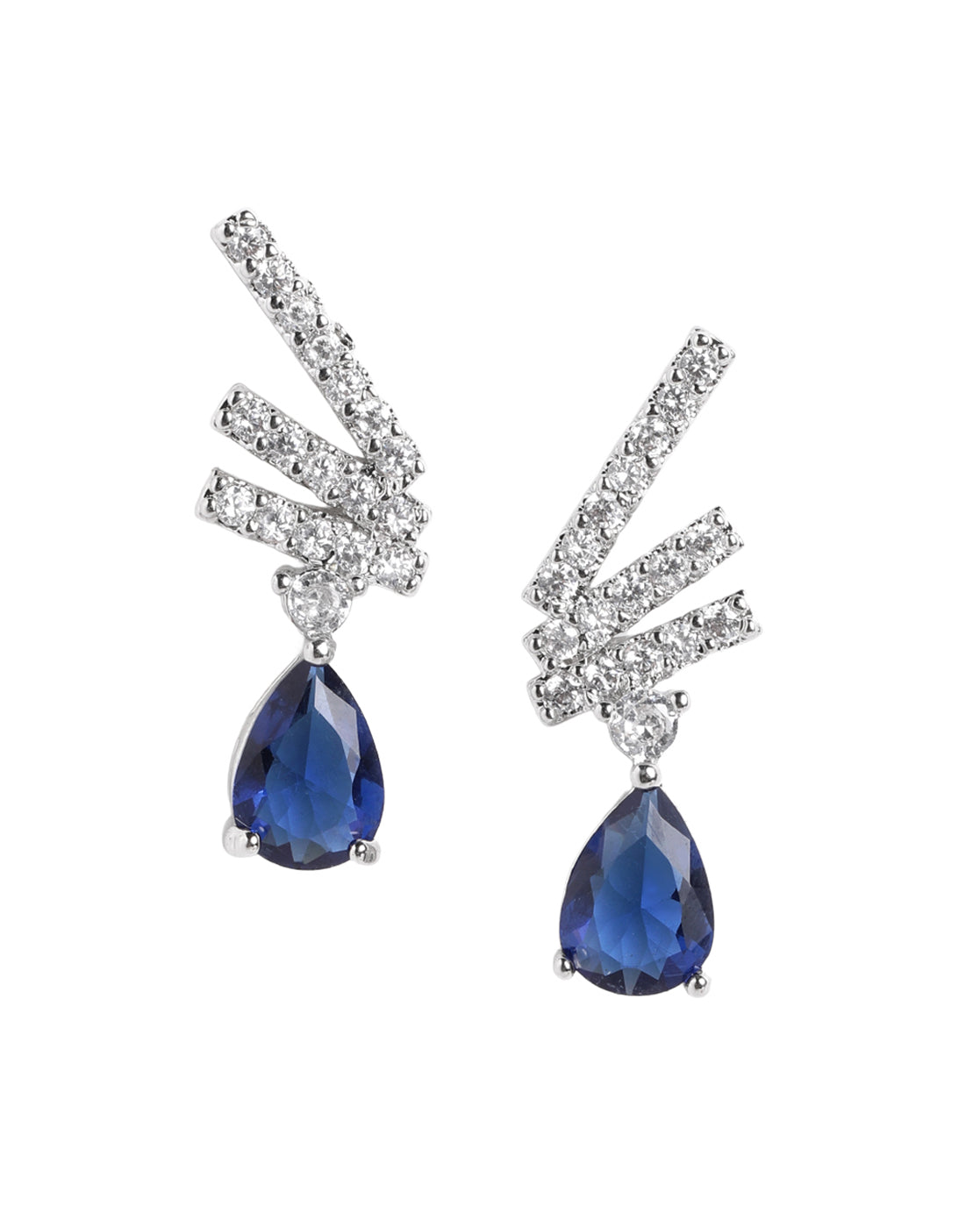 Silver Plated CZ Studded &amp; Sapphire Blue Solitaire Dangling Earring
