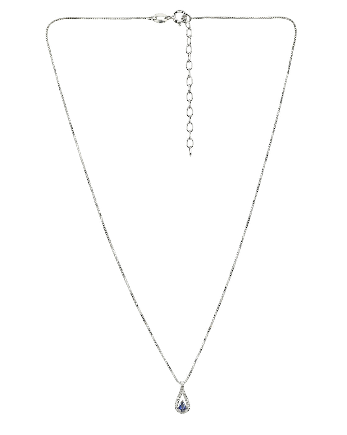 925 Sterling Silver Rhodium Plated Sapphire Blue Studded Teardrop Pendant and Chain