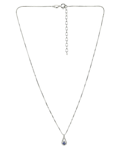 925 Sterling Silver Rhodium Plated Sapphire Blue Studded Teardrop Pendant and Chain