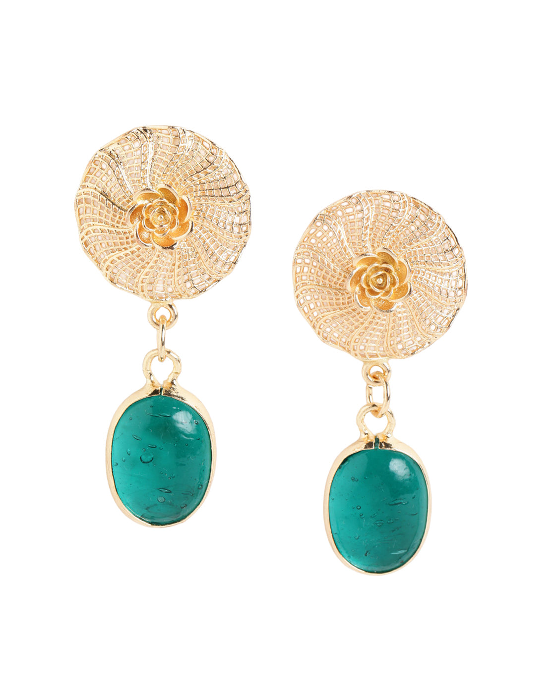 Gold Plated Filigree Dangling Green Crystal Drop Earring