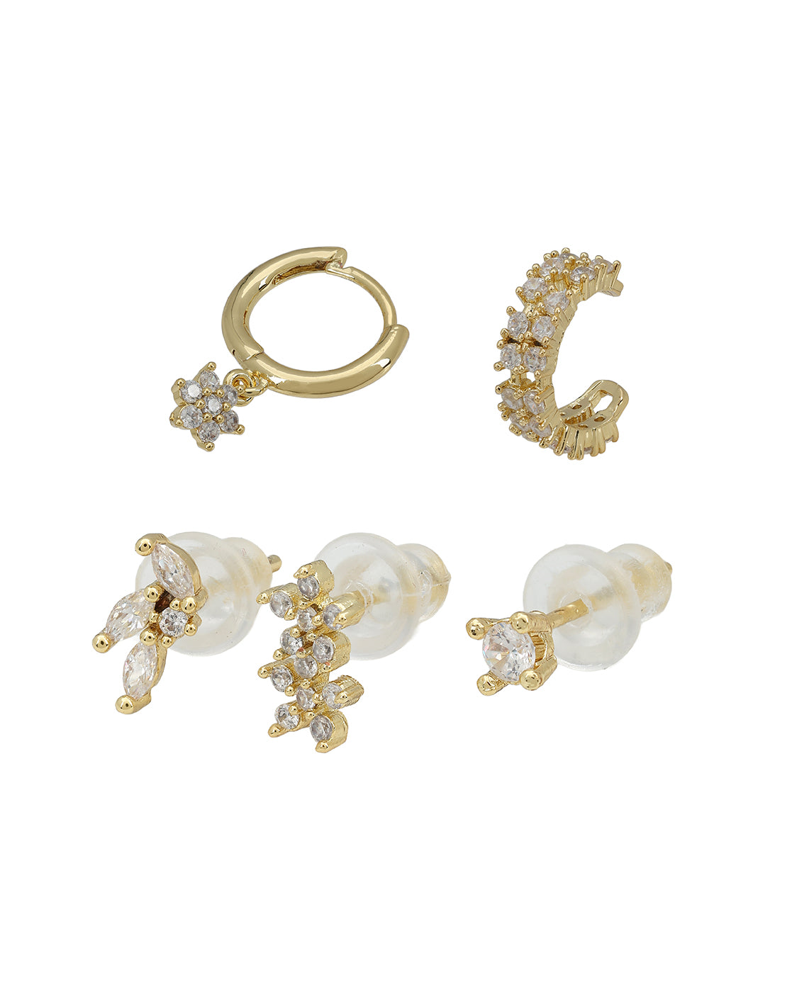 Gold Plated Designer Stud, Cuff &amp; Mini Hoop with CZ Piercing Set