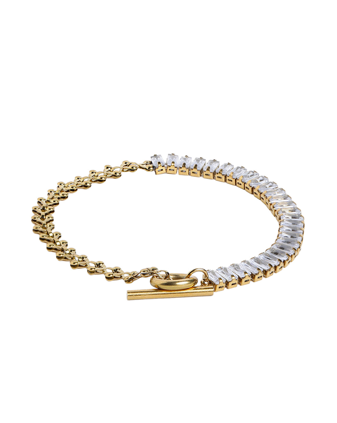 Gold Plated Fancy Half-n-Half Baguette CZ &amp; Fancy Link Chain Toggle Designer Bracelet