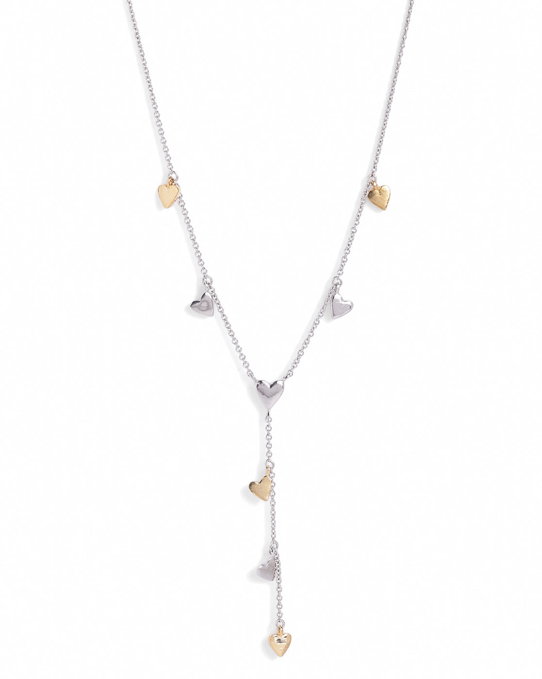 Rhodium &amp; 18kt Gold Plated Dangling Heart Charm Y-Necklace Lariat