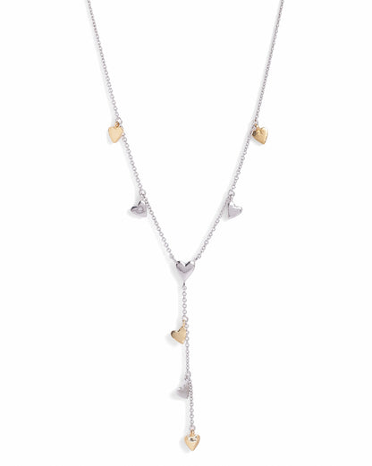 Rhodium &amp; 18kt Gold Plated Dangling Heart Charm Y-Necklace Lariat