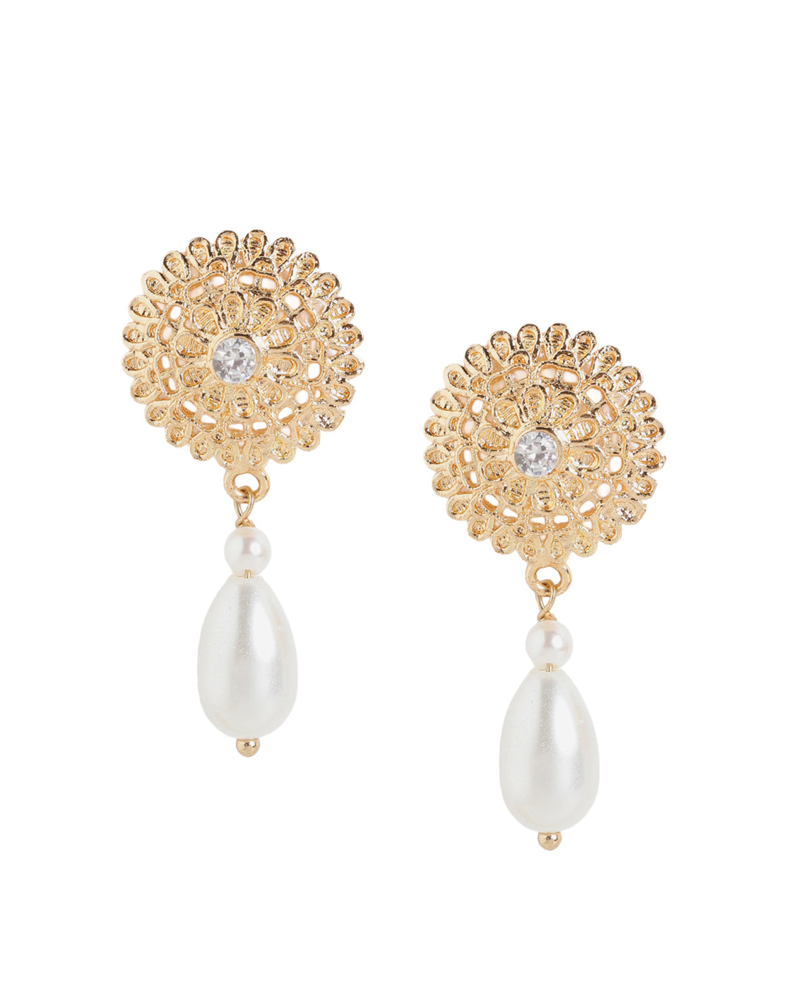 Gold Plated Intricate Floral Pearl Drop Earrings