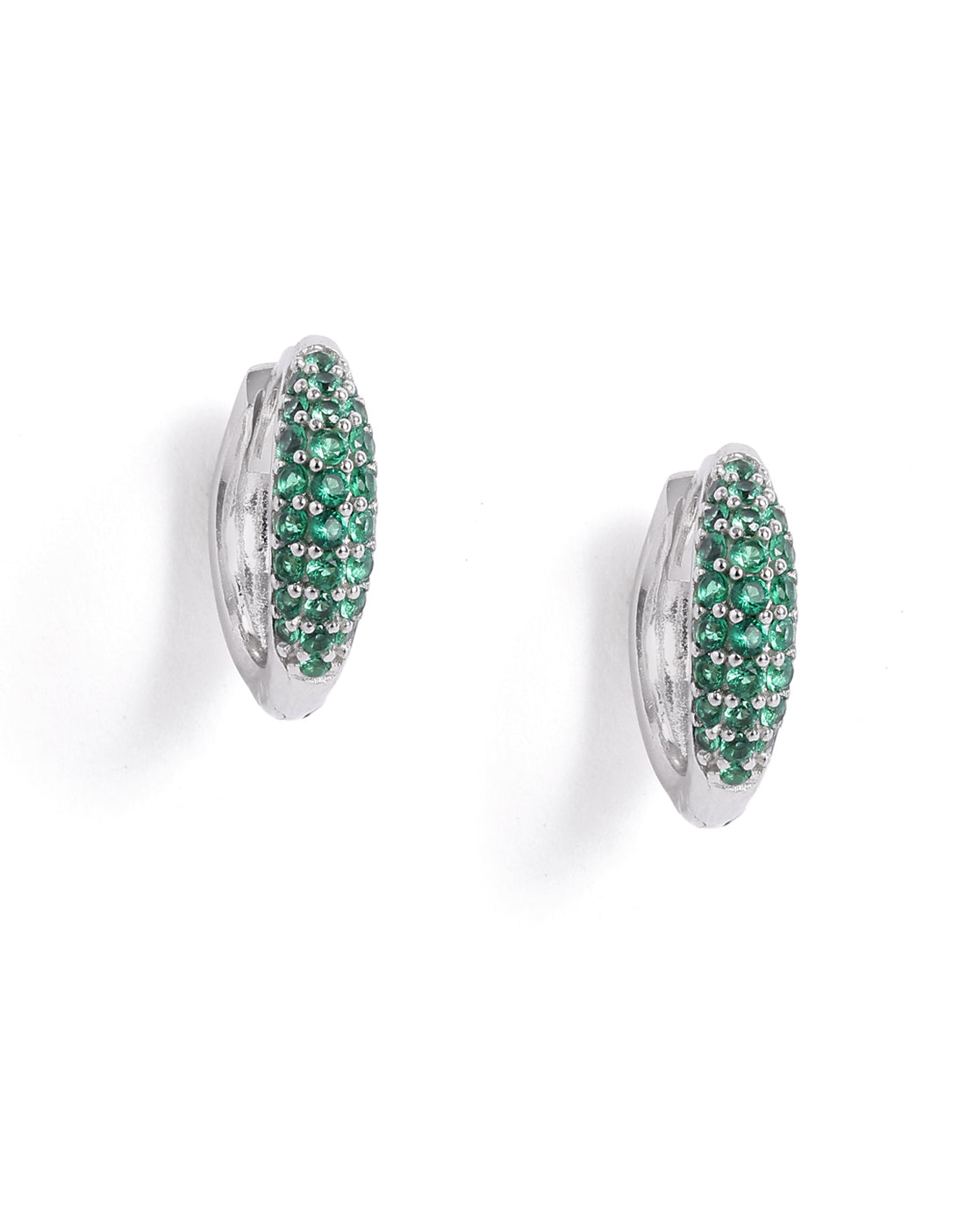 Rhodium Plated Emerald CZ Studded Huggie Hoop Earring