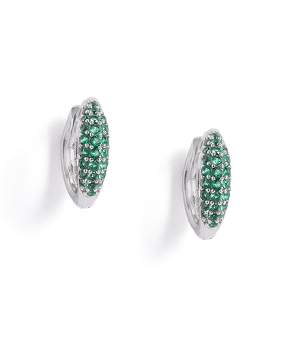 Rhodium Plated Emerald CZ Studded Huggie Hoop Earring