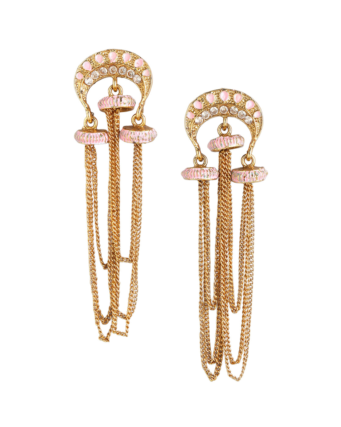 Gold Plated CZ Enamel Long Chain Statement Drop Earrings