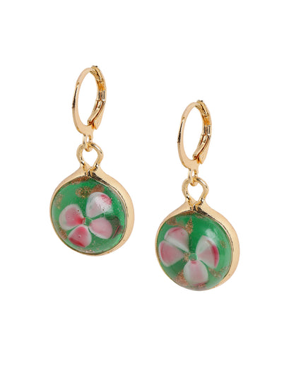 Gold Plated Artistic Dangling Green Enamel Floral Hoop Earring