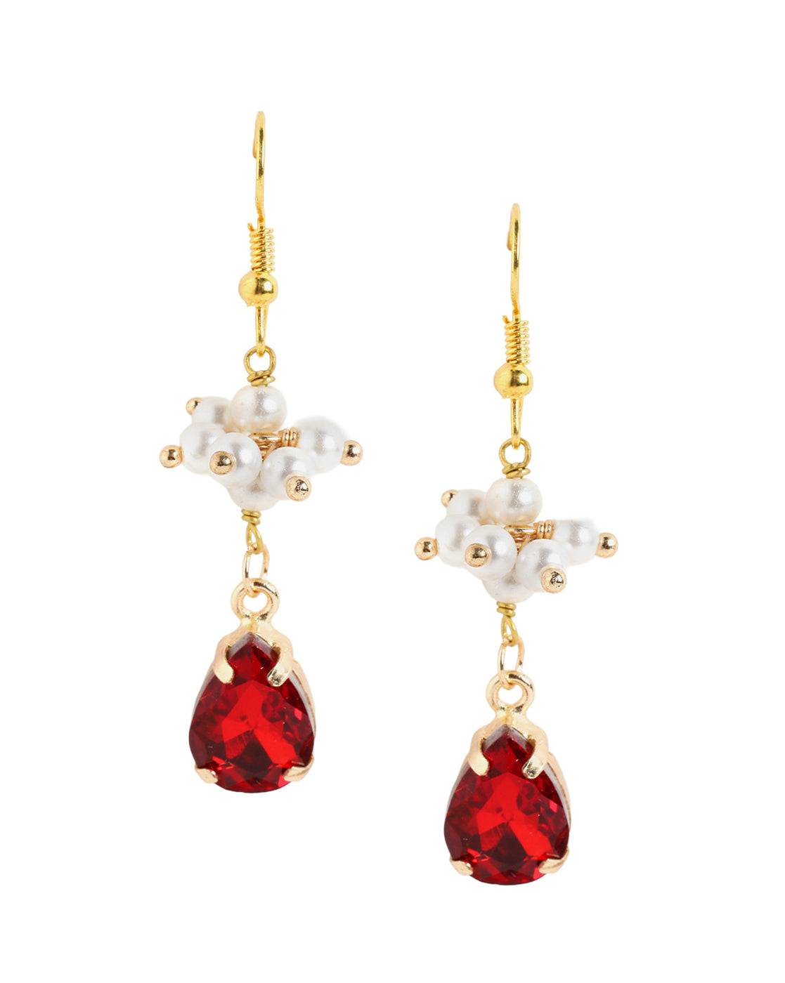 Gold Plated Pearl and Dangling Red Crystal Teardrop Earring