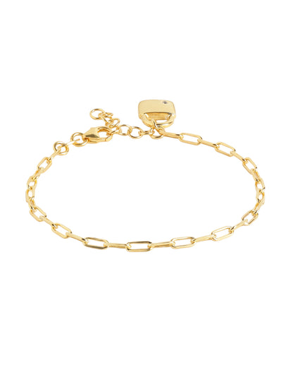18kt Gold Plated CZ Studded Dangling Lock Charm Adjustable Bracelet with Paperclip Chain