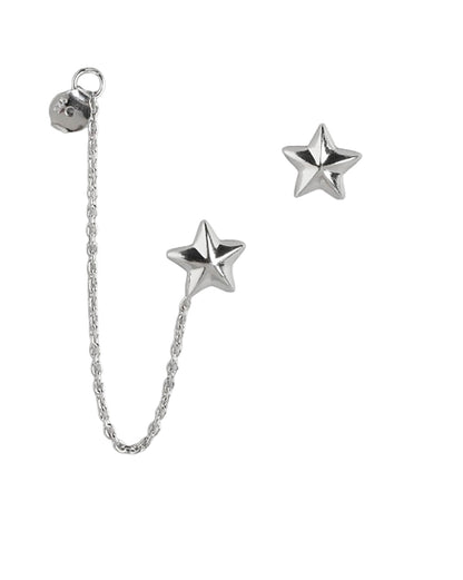 925 Sterling Silver Rhodium Plated Star Stud with Chain Mismatch Earring