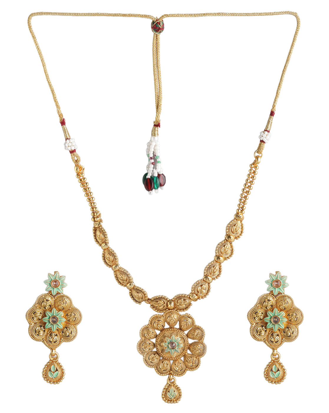 Gold Plated Traditional Enamel Floral Necklace &amp; Earrings Set