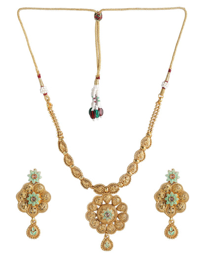 Gold Plated Traditional Enamel Floral Necklace &amp; Earrings Set