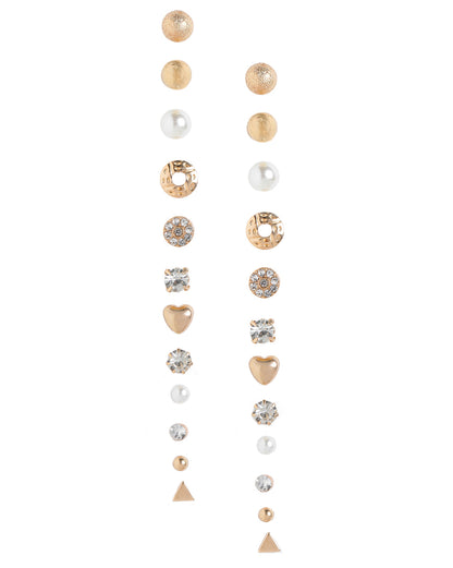 Multipack Set of 12 Gold Plated CZ Studded, Textured, Pearl &amp; Triangular Stud Earrings
