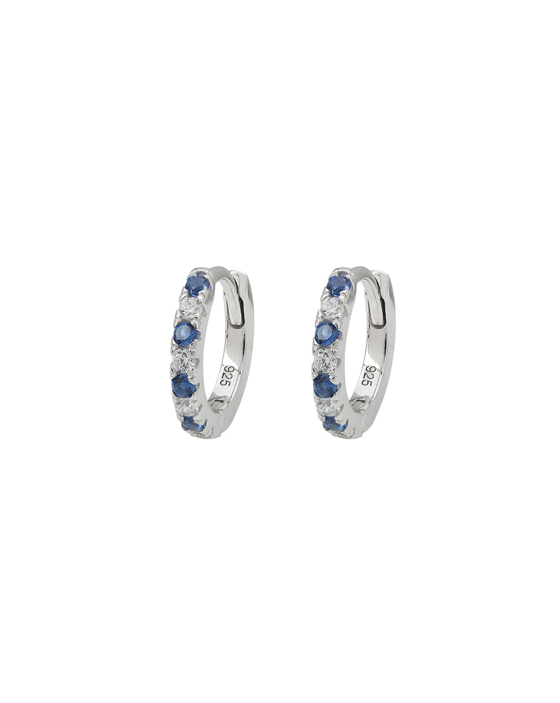 925 Sterling Silver Rhodium Plated Blue Saphire CZ Studded Mini Hoop Earring