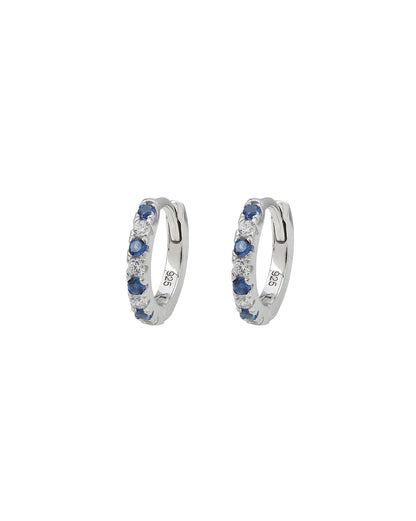 925 Sterling Silver Rhodium Plated Blue Saphire CZ Studded Mini Hoop Earring