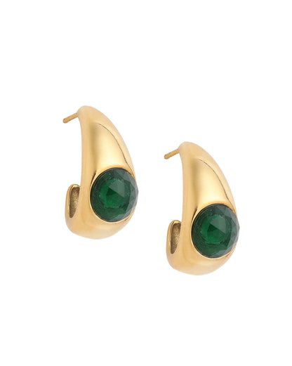 Gold Plated Emerald Green Solitaire Studded Teardrop Half Hoop Earring