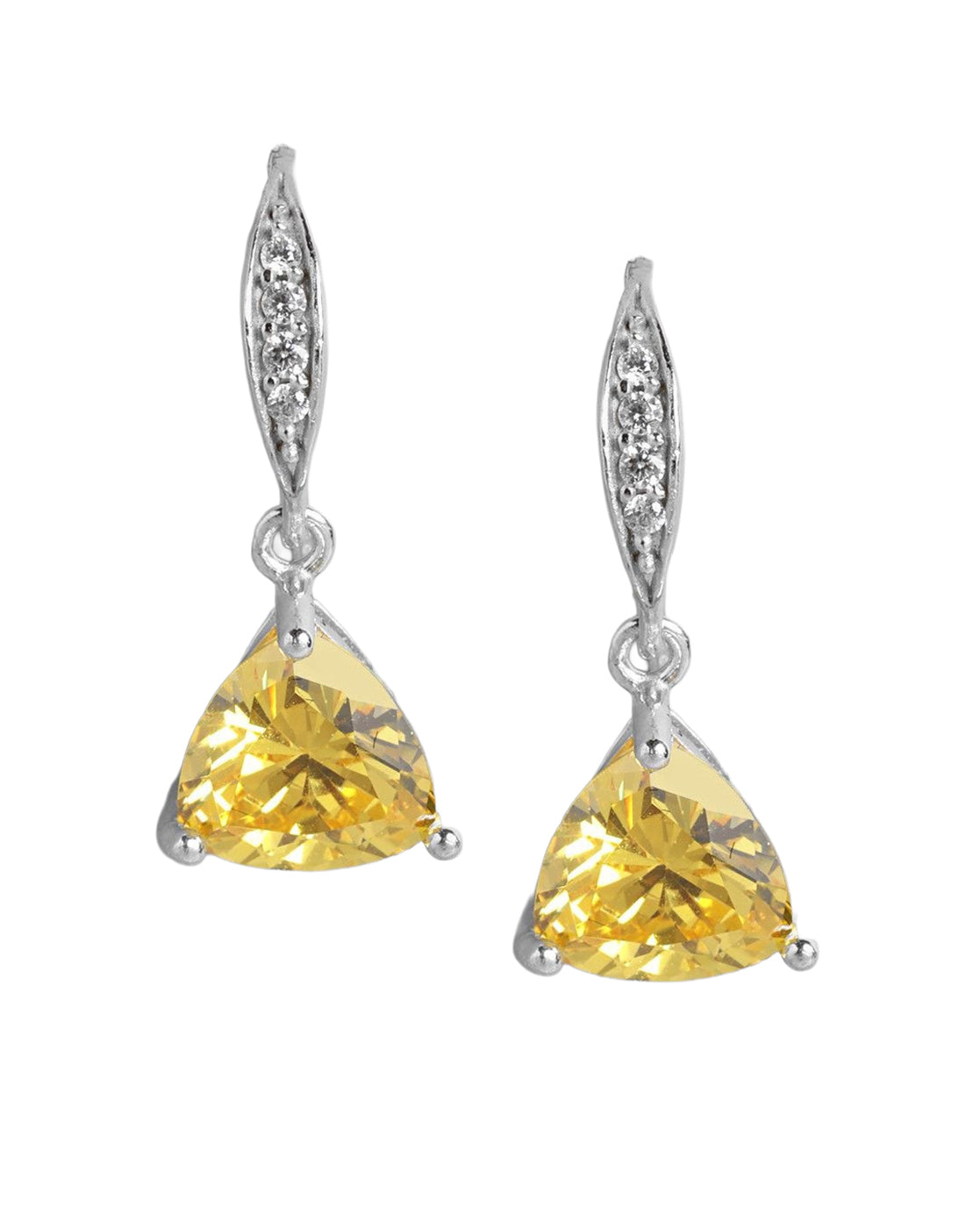 Rhodium Plated Citrine Yellow Solitaire Triangular Drop Earring