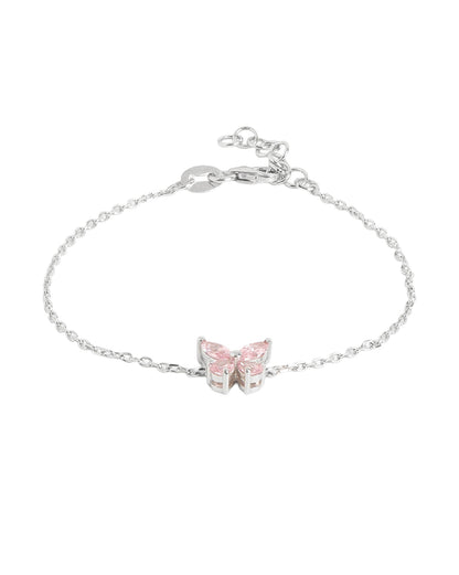 Rhodium-Plated Dainty Pink CZ Butterfly Charm Adjustable Bracelet