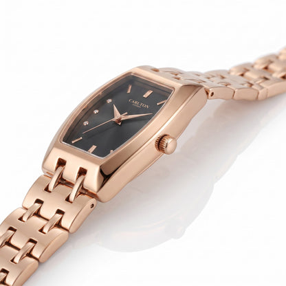 Carlton London Catherine Women’s Watch - Black Rectangle Dial, Rose Gold Stainless Steel Strap - CL-CT-RBLK