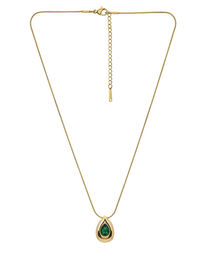 Gold Plated Emerald Green Studded Teardrop Pendant and Snake Chain