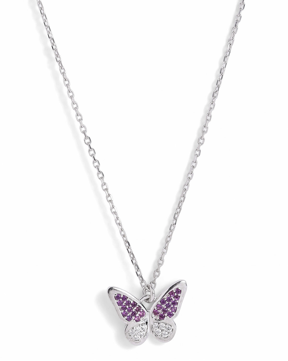 Rhodium Plated Amethyst CZ Studded Butterfly Pendant and Chain Necklace